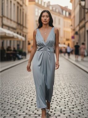 WHIT Silver-Gray Plunging Neck Maxi Dress